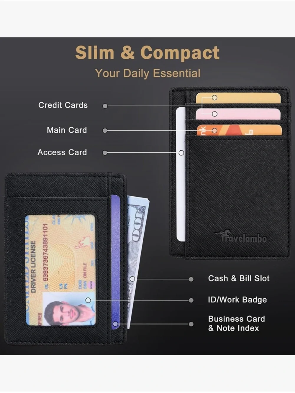 Travelambo Men’s Cross Grain Black Slim Card Holder Minimalist